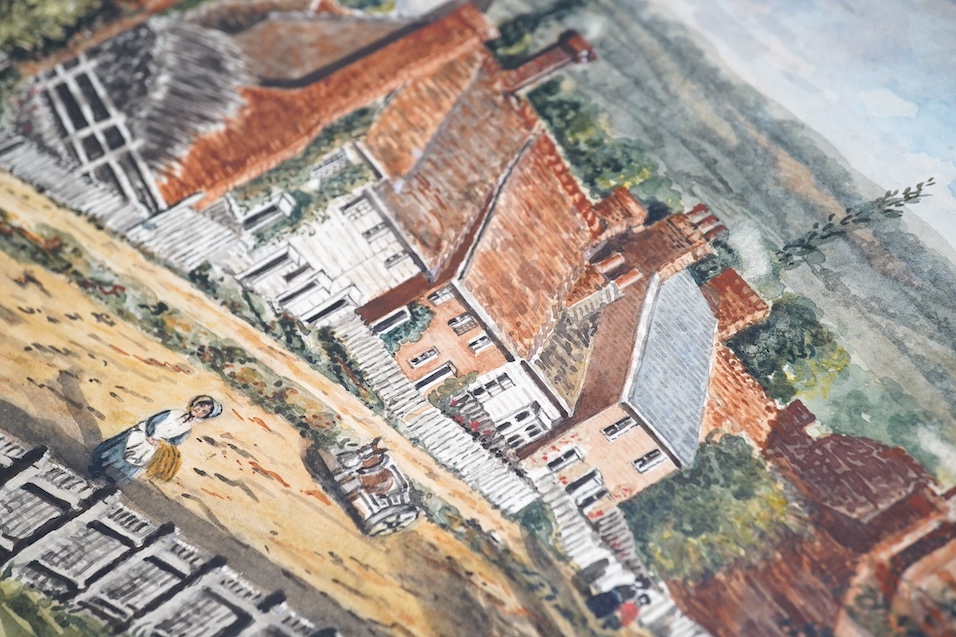 A Victorian leather bound album of watercolours and annotations, including View of Edenbridge from the window of Barnhawe House by F. R. Gore Esq., 1861 and Folkestone Harbour, Steamboat about to leave for Bologne, Augus